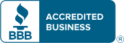 BBB Accredited Business logo with blue background and white text.