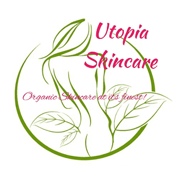 Logo of Utopia Skincare with a green leaf design and pink text.